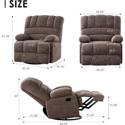 Oversized Swivel Rocker Recliner Chair for Living Room Bedroom for Adults, Brown