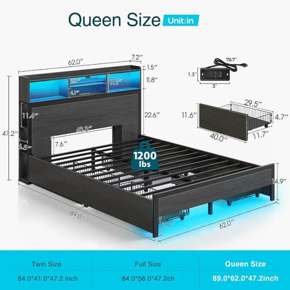 Cadre de lit Queen Rolanstar avec tête de lit de rangement, station de charge à plate-forme en métal, 4 tiroirs à LED, rangement en bibliothèque