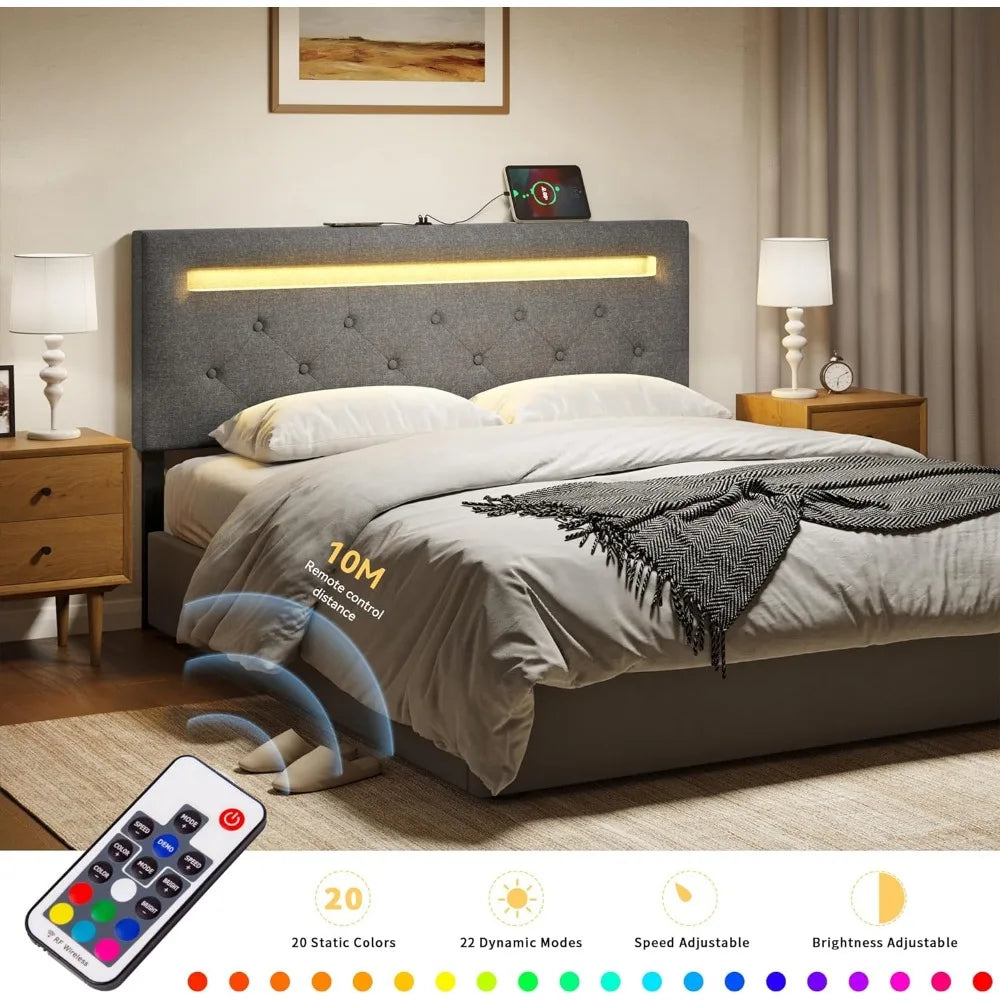 Têtes de lit pour lit queen size avec éclairage LED et port USB, rembourrées en tissu de lin à hauteur réglable