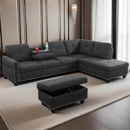 L Shaped Sofa with Ottoman Modern Nail-Head Design Linen Facing Sectional Couches with Cup Holder for Living Room etc.