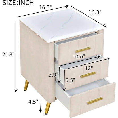 Table de chevet avec tiroirs, lot de 2, table de chevet rembourrée en bois avec plateau en marbre, lot de 2, beige