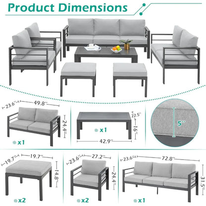 Aluminium Patio Furniture Set, Modern Outdoor Patio Furniture with Coffee Table, Set of 7 with Grey Cushions，Light Grey