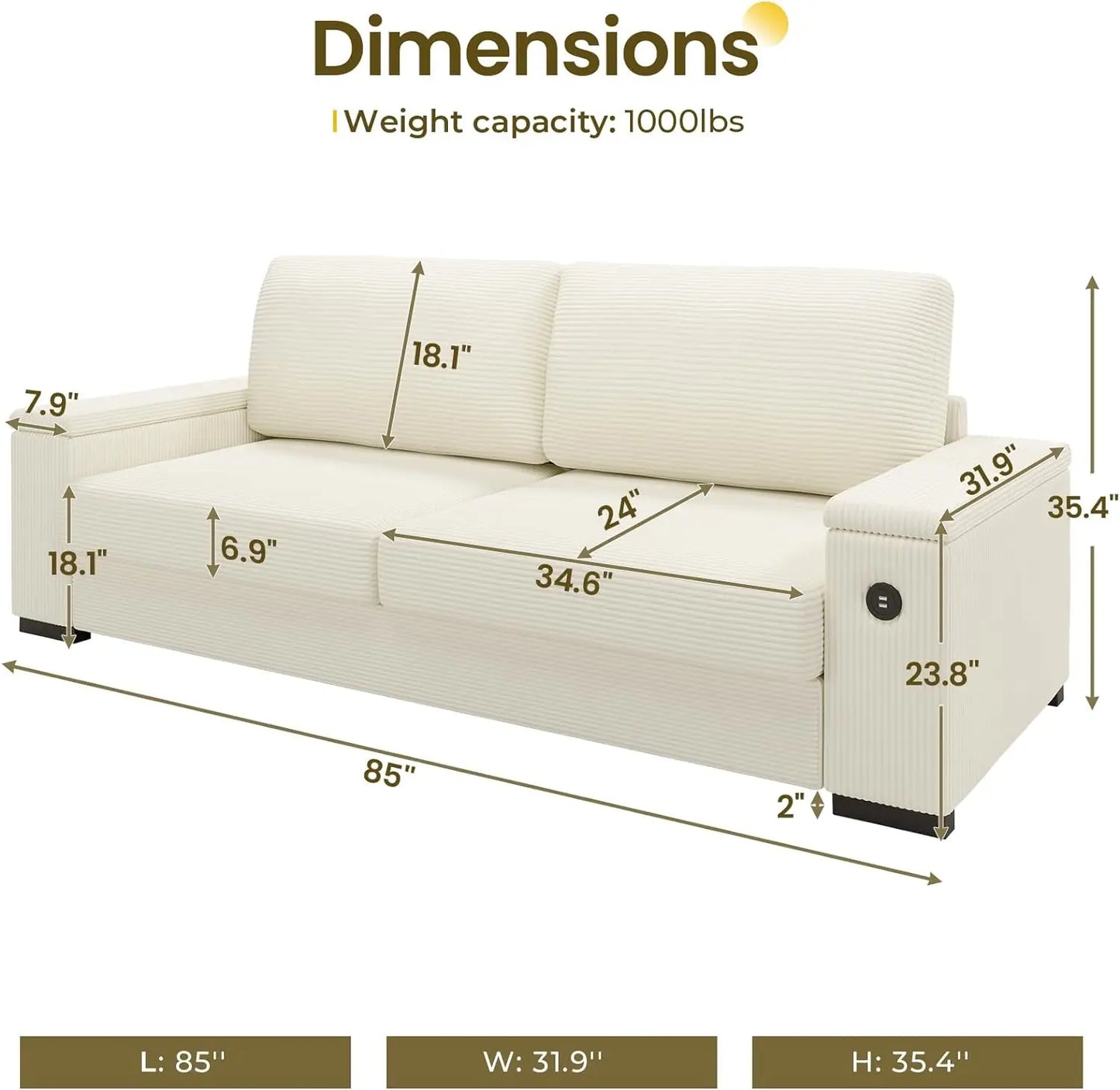 Canapé de salon moderne, canapé confortable, grand canapé deux personnes avec espace de rangement et 2 ports de chargement USB, housse de canapé amovible