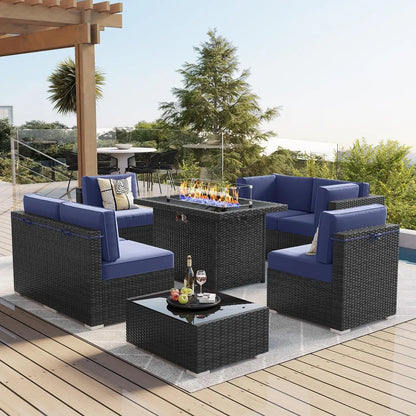 8 Piece Patio Furniture Set with 44" Propane Gas Fire Pit Table, Set Wicker Rattan Sofa Set and Coffee Table Rattan Möbel