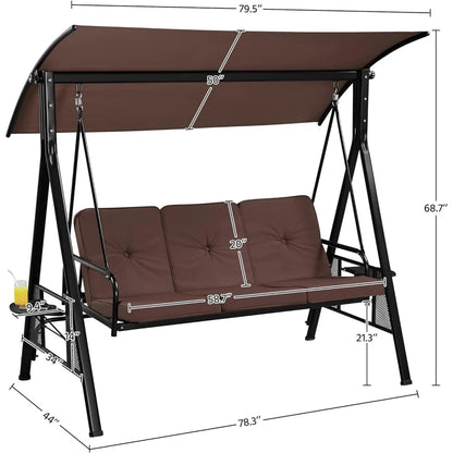 Chaise pivotante à 3 places pour jardin, balançoire de rue, meubles, 3 oreillers et coussin amovible, 2 plateaux latéraux, hamacs de jardin d'extérieur, chaises