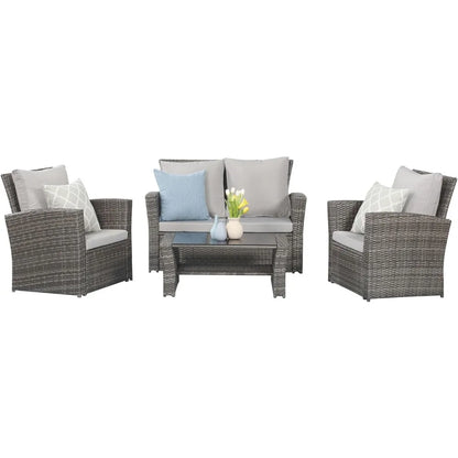 4 Piece Outdoor Patio Furniture Sets, Wicker Conversation Set for Porch Deck, Gray Rattan Sofa Chair with Cushion, Free Shipping