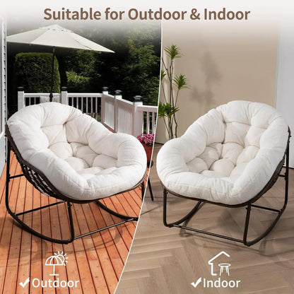 Papasan Rocking Chair Indoor, Oversized Outdoor Patio Rocking Chairs with Teddy Padded Cushion - Rocker Egg Chair