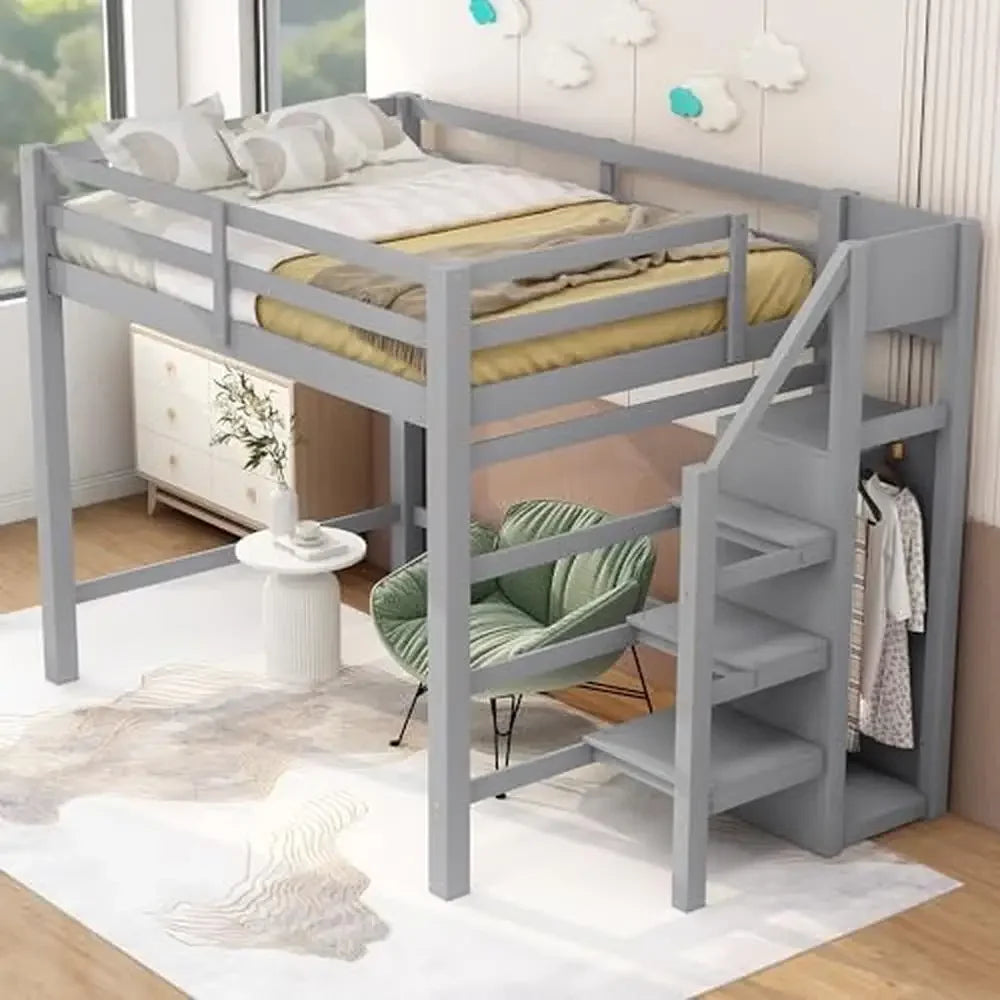 Full Size Loft Bed with Storage Wardrobe and Staircase High Load Capacity Wooden Loft Bed Frame Kids Girls Boys Bedroom Grey