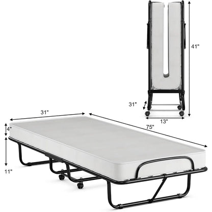 Lit pliant avec matelas pour adultes, lit pliant avec matelas en mousse à mémoire de forme et cadre en métal sur roulettes, lit d'appoint pour adulte de taille lit bébé