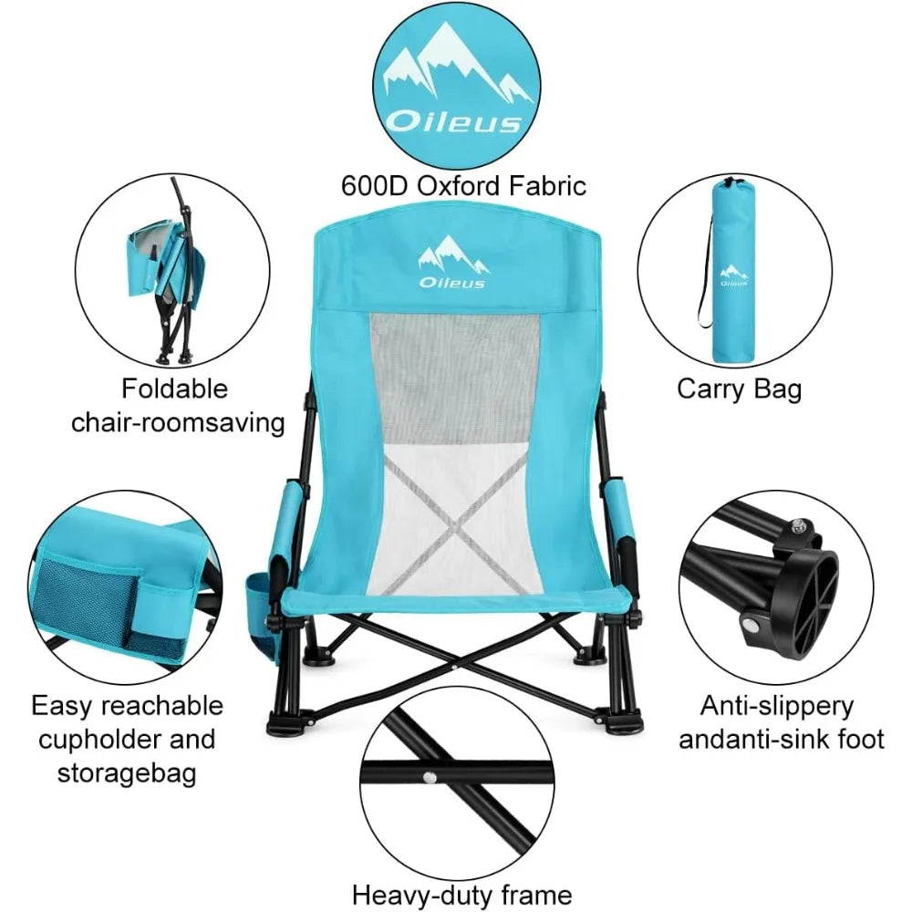 Folding Portable Beach Chair, High Back Low Seat Lightweight Chairs for Beach Tent & Shelter & Camping, Full Mesh Back