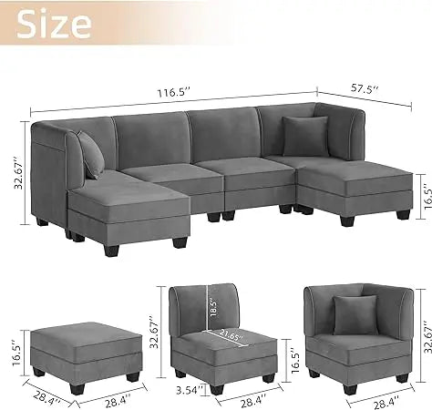 Chenille L-Shaped Modular Sectional Sofa, 3-Seater Comfy Cloud Couch with Ottoman/Chaise & 5 Pillows for Living Room Bedroom