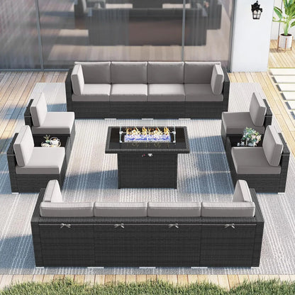 Juego de muebles de patio de 8 piezas con mesa para fogata a gas propano de 44", juego de sofá de mimbre y ratán y mesa de centro Rattan Möbel