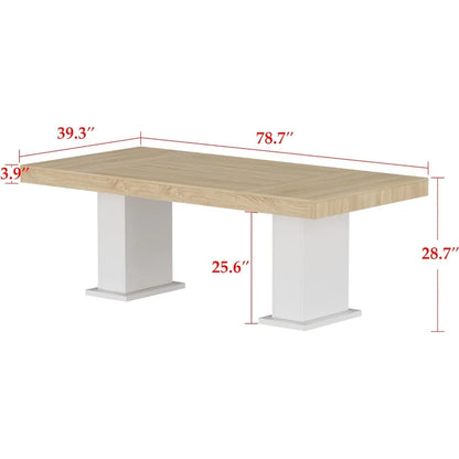 Gran mesa de comedor de 78,7" para 8-10 personas, moderna mesa de cocina rectangular de madera con patas de pedestal para comedor en color blanco y marrón claro