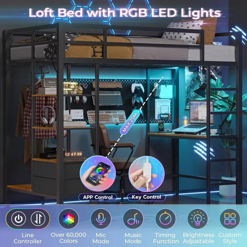 Lit mezzanine double avec bureau et lumières LED Lit mezzanine junior avec station de charge et étagères de rangement et tiroirs Lit double en métal