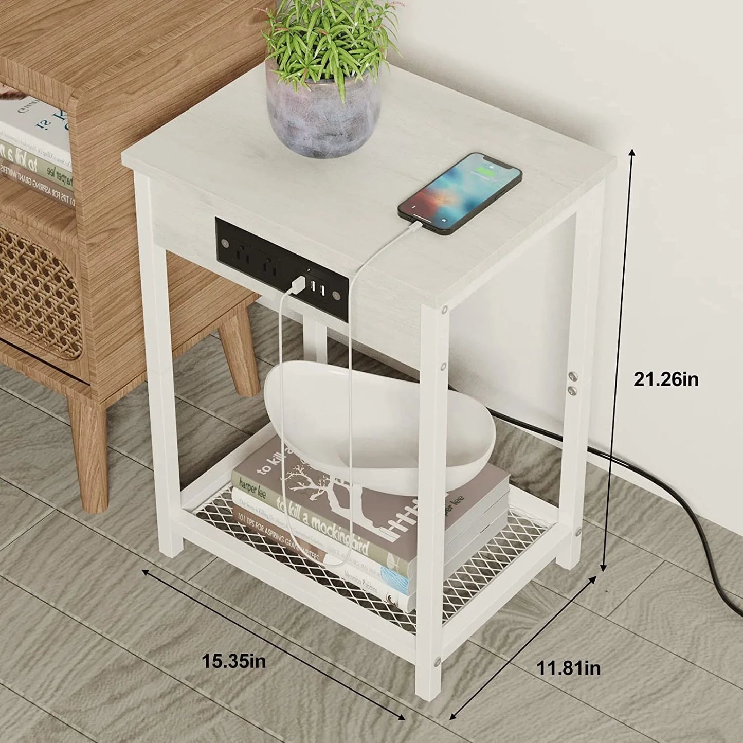 Ensemble de 2 tables de nuit avec station de charge, table de chevet à 2 niveaux avec ports et prises USB, table d'appoint étroite avec étagère de rangement