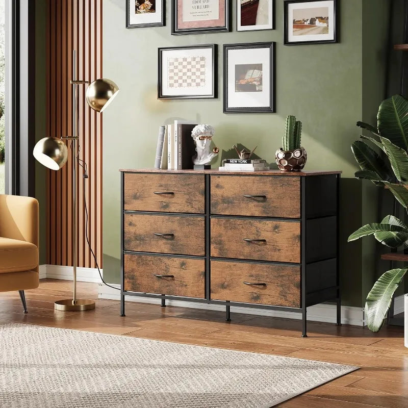 Wide Dresser with 6 Drawers, TV Stand for 50" TV, Entertainment Center with Metal Frame, Wooden Top, Fabric Storage Dresser for