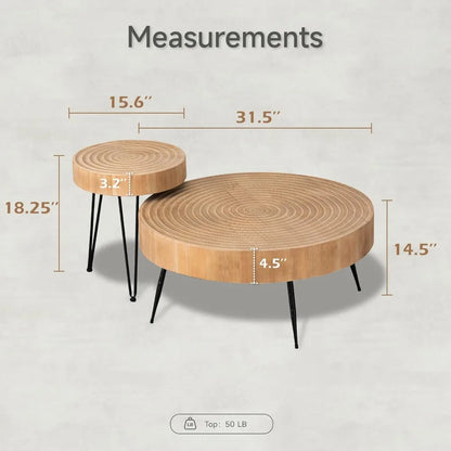 Ensemble de table basse de salon de ferme moderne, table gigogne ronde finition naturelle avec motif d'anneau en bois fabriqué à la main,