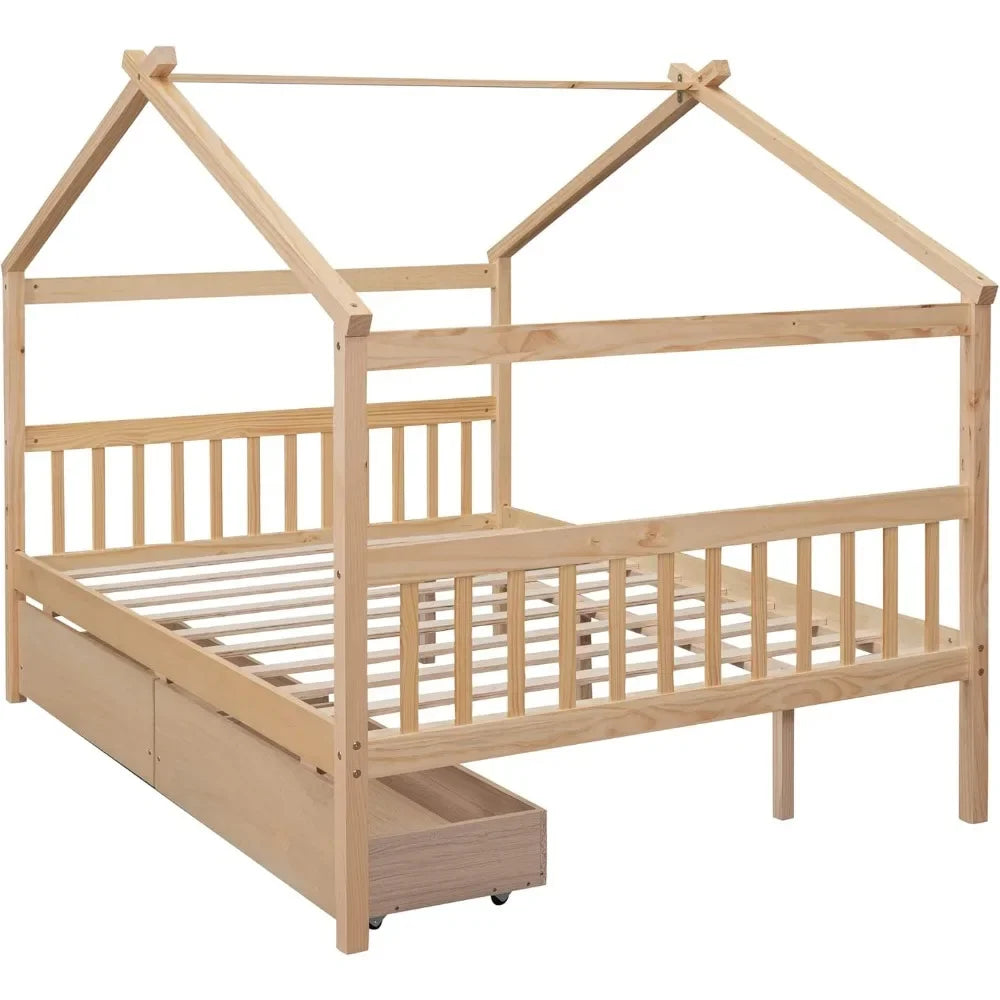 Full Size House Bed for Kids, Montessori Bed Full Size Platform Bed Frame with 2 Drawers,Bed for Girls & Boys (Full, Natural)