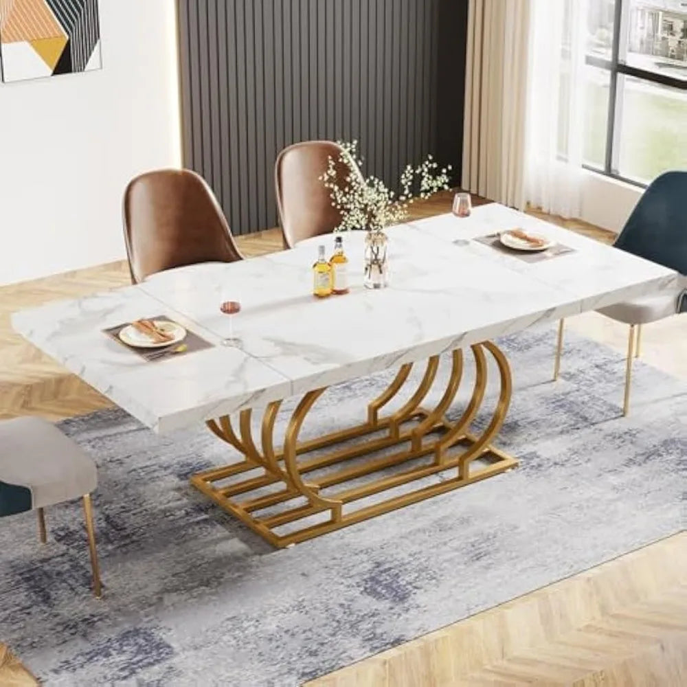 Table à manger de 71 po pour 6 personnes, table de salle à manger blanche moderne avec plateau en faux marbre, table de cuisine avec cadre géométrique