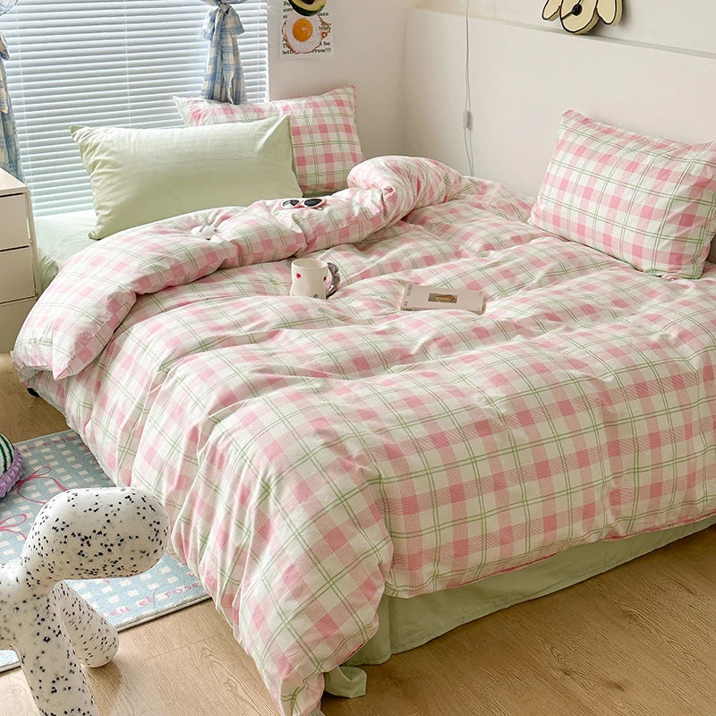 Juego de cama clásico con cuadrícula verde y rosa, ropa de cama individual y doble a la moda, funda de edredón y funda de almohada para niñas y niños, textiles para el hogar