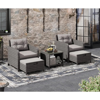 Garden Furniture Set 5 Piece, Wicker Rattan Lounge Chairs with Soft Cushions 2 Ottoman&Glass Table, Patio Conversation Set