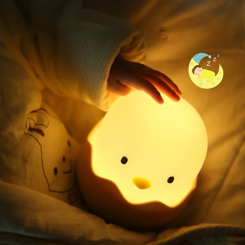 Luz de noche con forma de pollo y cáscara de huevo, luz LED de dibujos animados para dormitorio de niños, luz táctil ajustable, luz cálida recargable, luz de ambiente