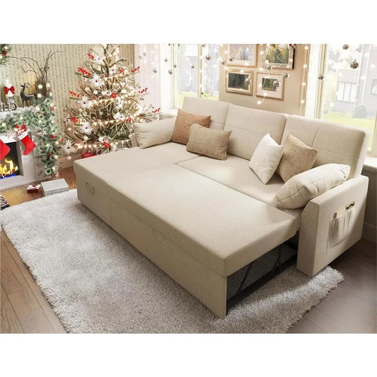 Sleeper Sofa,Sofa Bed- 2 in1Pull Out Couch Bed with Storage Chaise for Living Room, Beige Chenille Couch Sofa Cama Tatami  Couch