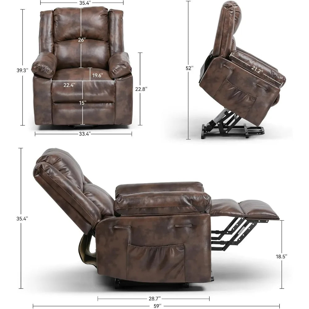 Fauteuil inclinable électrique pour personnes âgées, fauteuil releveur avec chaleur et massage, canapé inclinable en PU avec fonction de synchronisation, 2 poches latérales