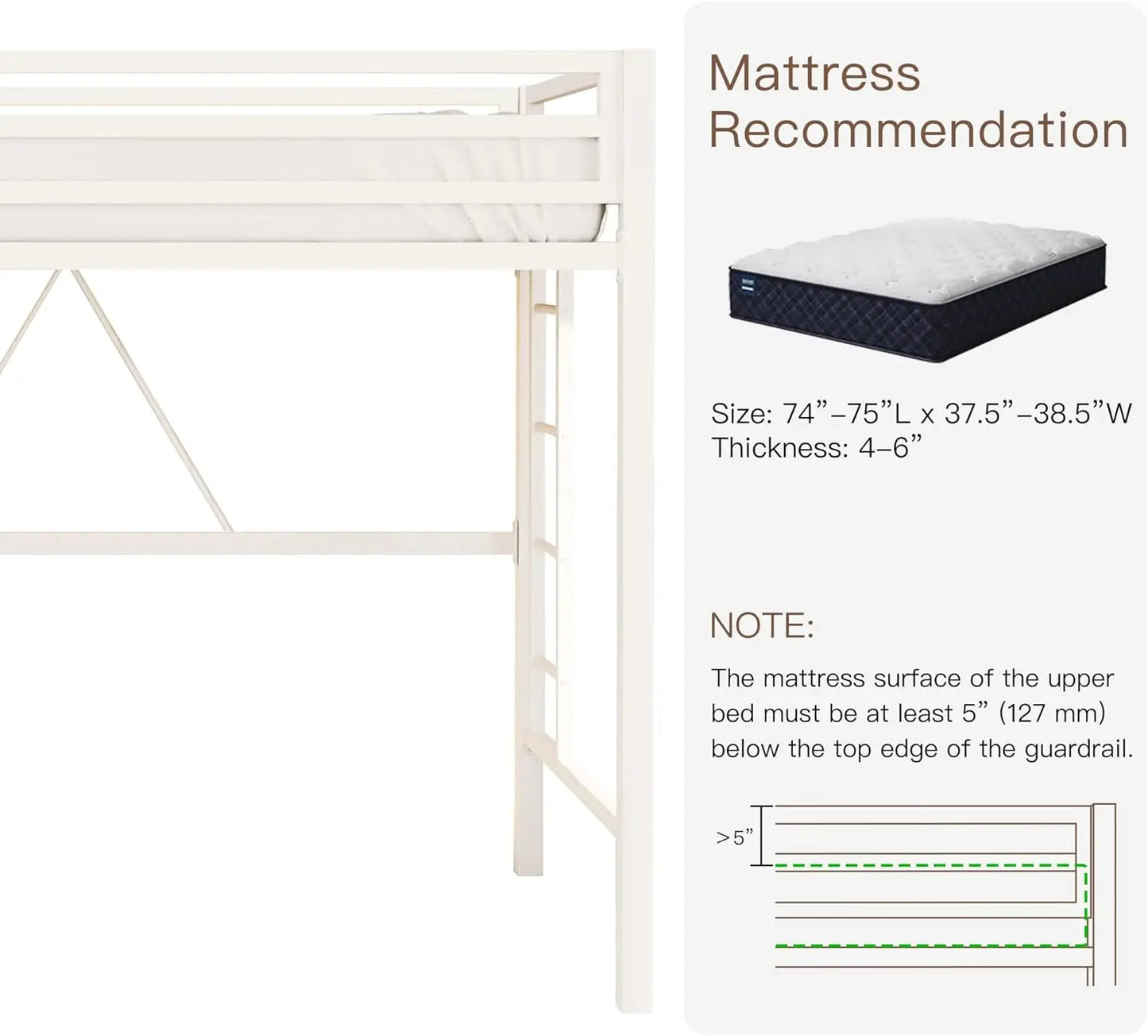 Lit mezzanine double, lit double multifonctionnel en métal avec protection de sécurité et échelle amovible, cadre de lit peu encombrant pour petite chambre