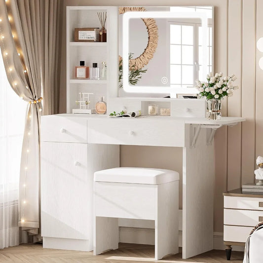 Dresser, Drawers and LED-lit Mirrors, Power Outlets and Cabinets, Storage Stools, Stylish Bedroom Makeup Table Covers -furniture