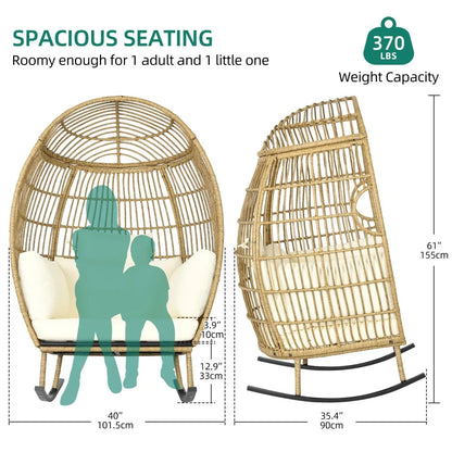 2024 New Outdoor Rocking Egg Chair, Wicker Patio Rocking Basket Chair with 370lbs Capacity,  for Indoor Living Room