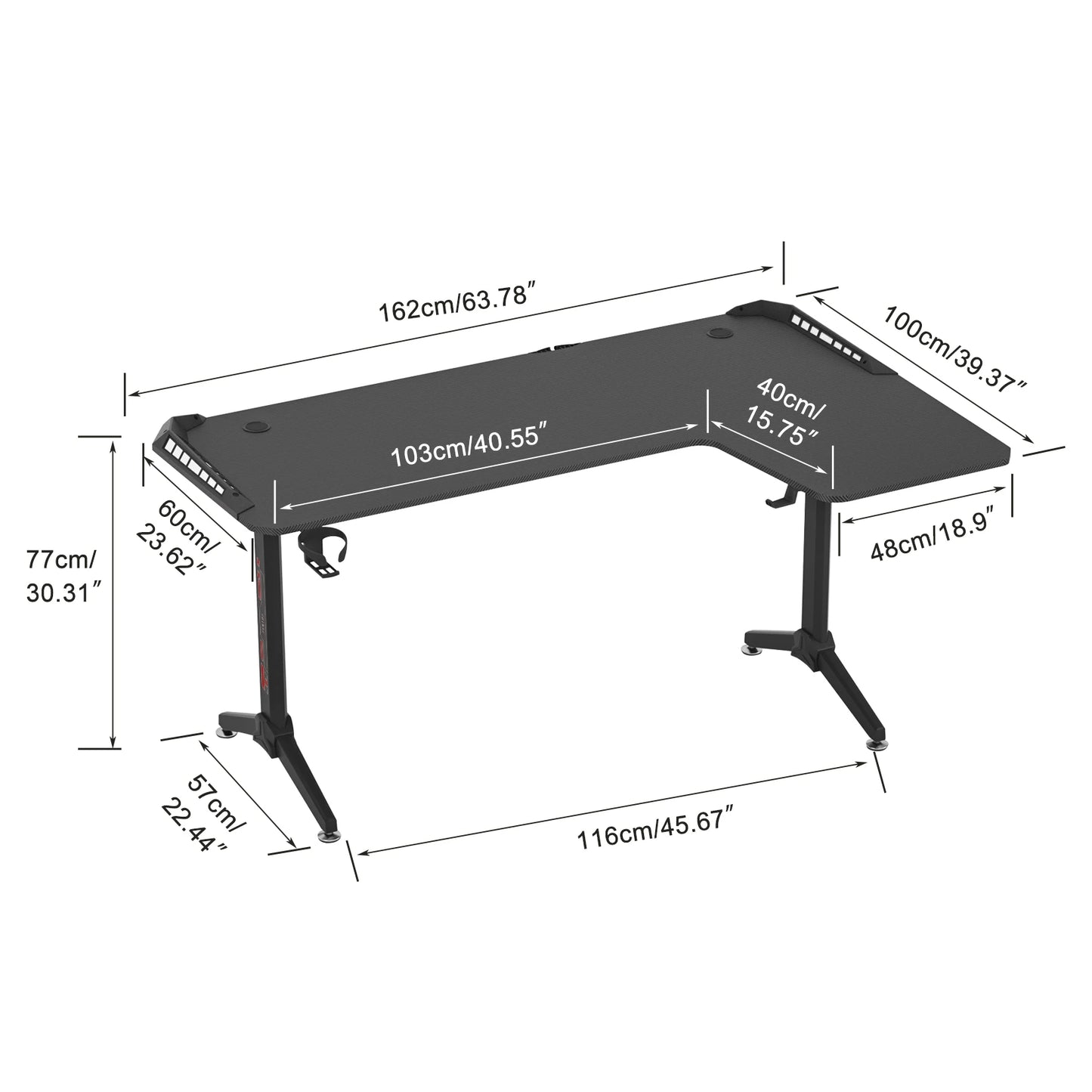 Grand bureau debout en forme de L, bureau de jeu de 60 pouces, bureau d'angle assis-debout avec lumières LED RVB pour ordinateur à domicile ou au bureau