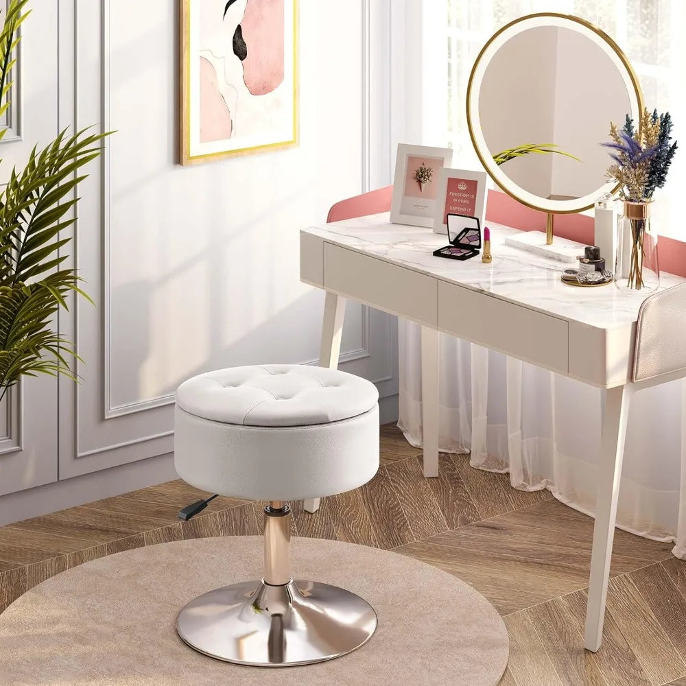 Tabouret de coiffeuse avec rangement, chaise de coiffeuse en cuir PU réglable en hauteur de 19" à 23", tabouret de maquillage pivotant à 360° avec plateau amovible