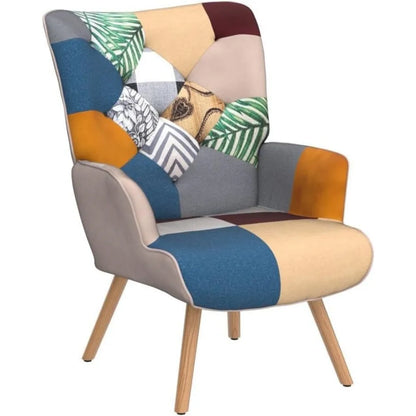 Sillón moderno con respaldo alto y acento para sala de estar, sillas de estilo bohemio con cuadros coloridos para sala de espera de dormitorio