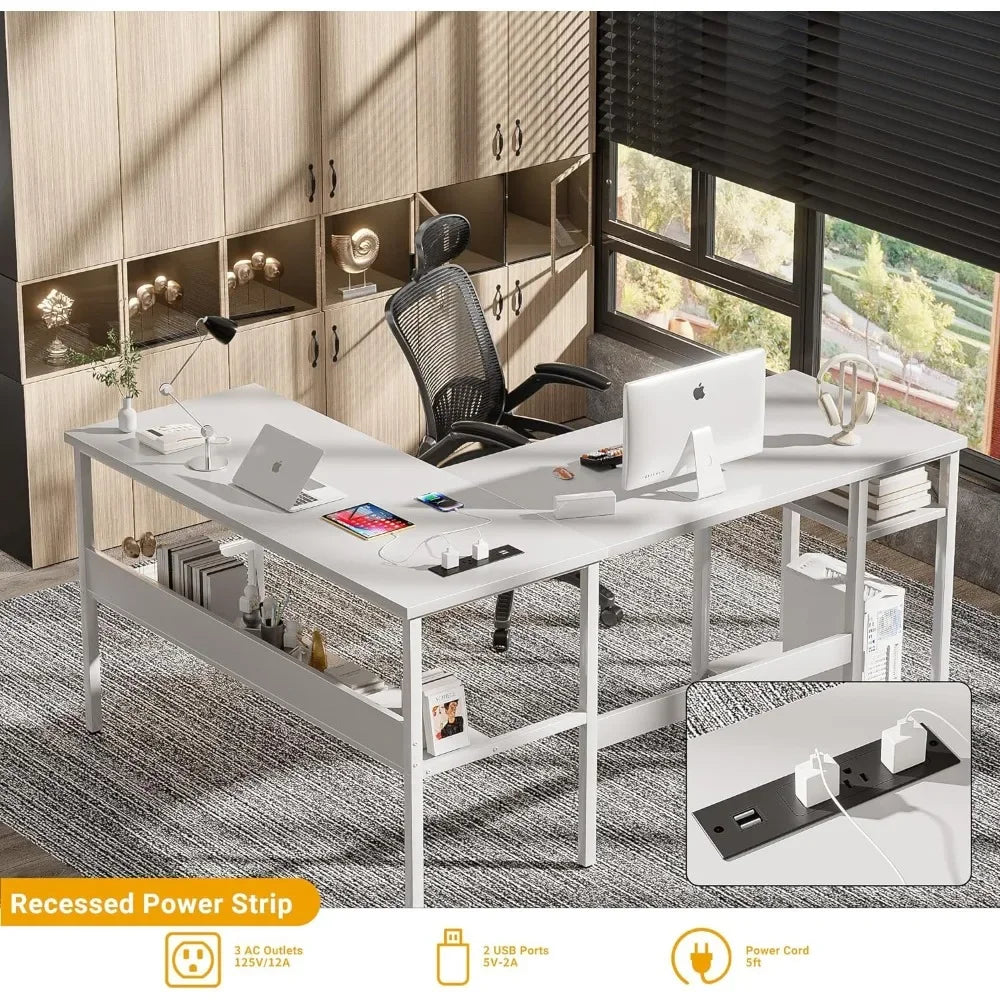 Reversible L Shaped Computer Desk with Magic Power Outlets and USB Charging Ports, Easy to Assemble, White