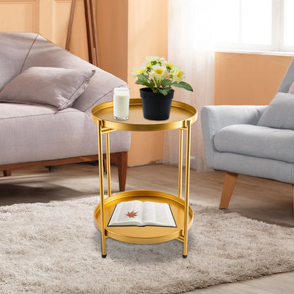 2-Tier End Table Folding Metal Round Side Table with Removable Tray for Living Room (Black/Gold/Golden Pink)