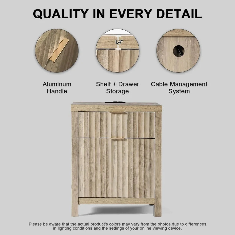 Table de chevet à 2 tiroirs, table d'appoint avec station de charge, table de chevet avec panneau cannelé, ensemble de 2 tables de chevet