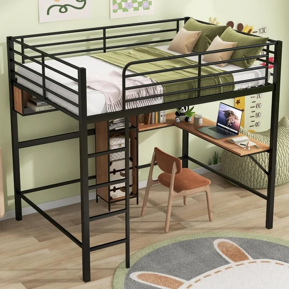 Cama alta de metal tamaño twin con escritorio, escalera y barandillas, para niños, adolescentes y adultos, color negro, tamaño 78" de largo x 41" de ancho x 65" de alto