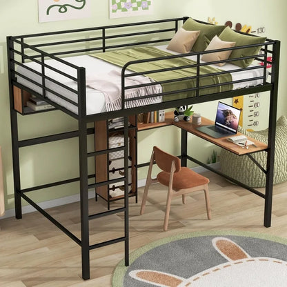 Twin Size Metal Loft Bed with Desk, Ladder and Guardrails, for Kids Teens Adults – Black,size 78"L x 41"W x 65"H