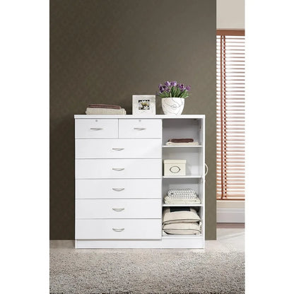 Hodedah 7 Drawer Jumbo Chest, Five Large Drawers, Two Smaller Drawers with Two Lock, Hanging Rod, and Three Shelves | White