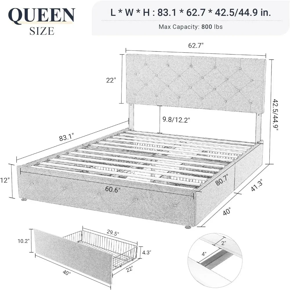 Marco de cama tapizado tamaño queen con plataforma, 4 cajones de almacenamiento y cabecera, botones cosidos con rombos, base con soporte de listones de madera