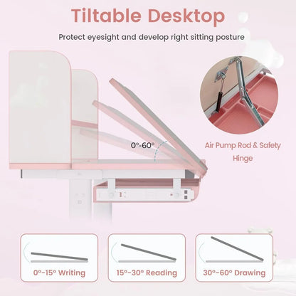 Kids Desk and Chair Set, Height Adjustable Children School Study Table and Chair Set w/Tilt Desktop