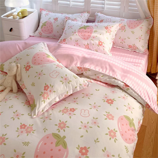 Precioso juego de cama de color rosa fresa, sábana de algodón lavado suave, funda nórdica con flores, funda de edredón para niñas, hogar para niños