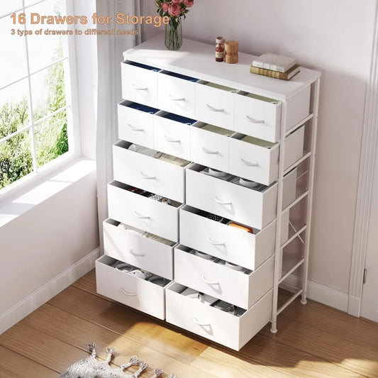 16 Dresser Drawer for Bedroom, Tall Dresser with PU Fabric Storage Drawer, Large Dressers & Chest of Drawers for Kid Room Closet