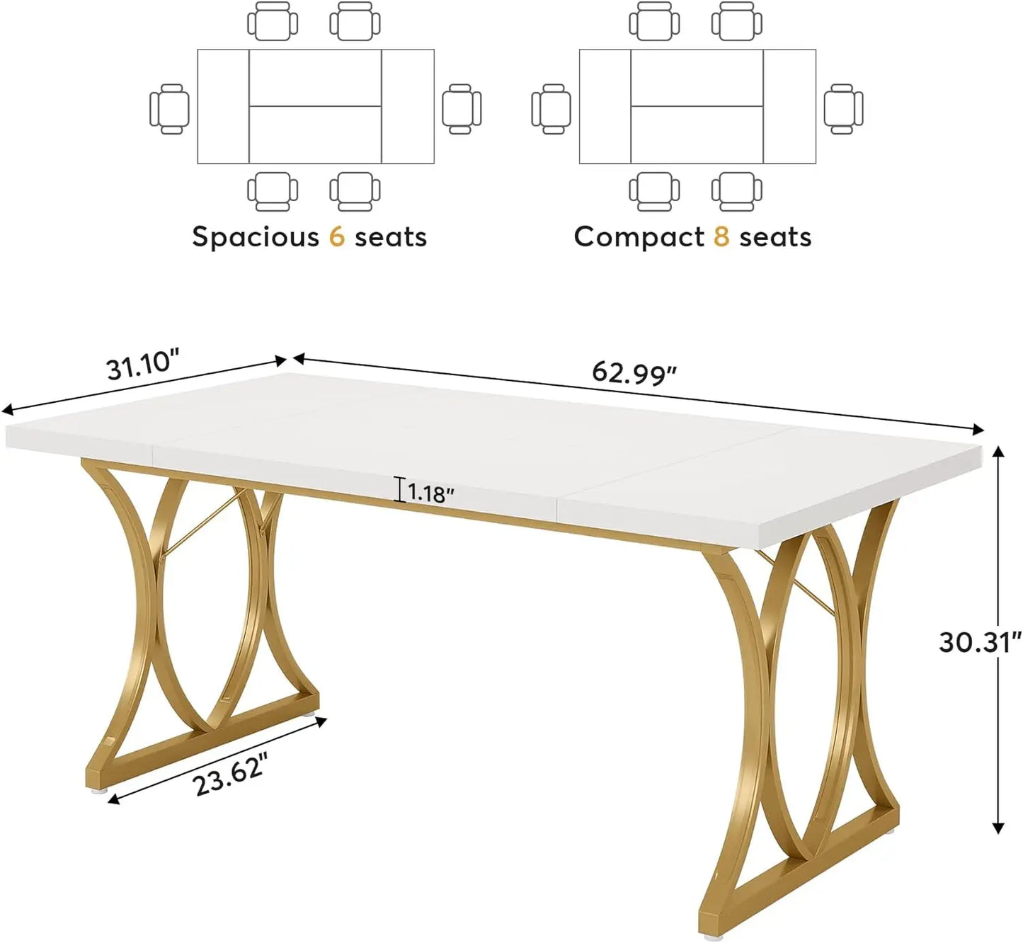 Modern Dining Table for 6 People, 63 L x31W x 30 H Inches Rectangle Kitchen Table Dinner Table for Dinning Room&Kitchen, White