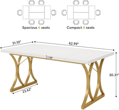 Modern Dining Table for 6 People, 63 L x31W x 30 H Inches Rectangle Kitchen Table Dinner Table for Dinning Room&Kitchen, White