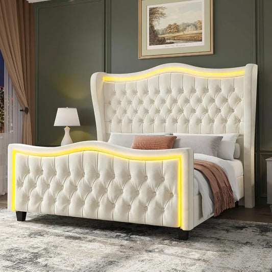 Bed Frame with LED Lights, Bed with Deep Button Tufted Headboard, Queen Size Bed Frame