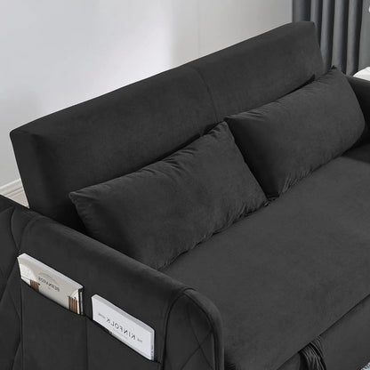 Loveseat de 55" con cama extraíble, sofá cama convertible 3 en 1 de terciopelo con respaldo ajustable y 2 almohadas, bolsillo para 2 brazos