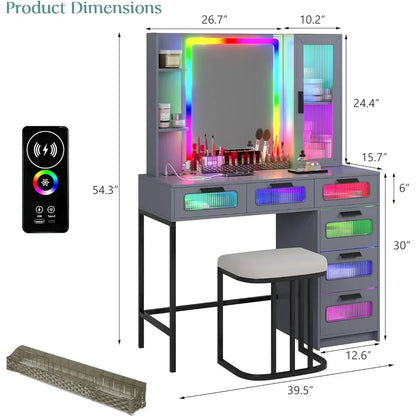 Ensemble de coiffeuse avec tabouret/6 tiroirs Table de maquillage multifonctionnelle Coiffeuse de maquillage avec lumières éblouissantes et miroir Commode haute