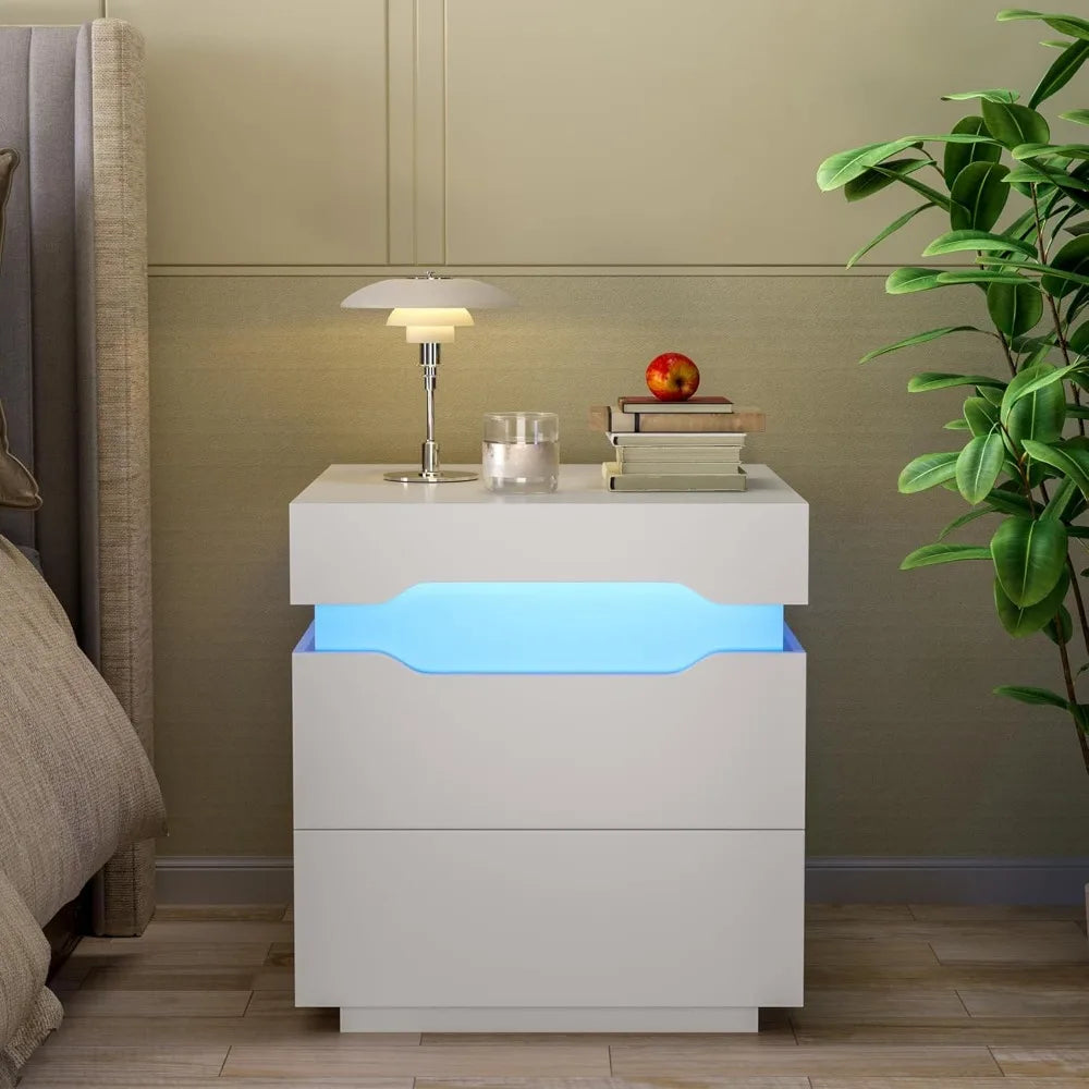 Table de chevet LED avec station de charge, table d'appoint avec armoire de rangement à 2 tiroirs, table de chevet avec plateau coulissant pour chambre à coucher